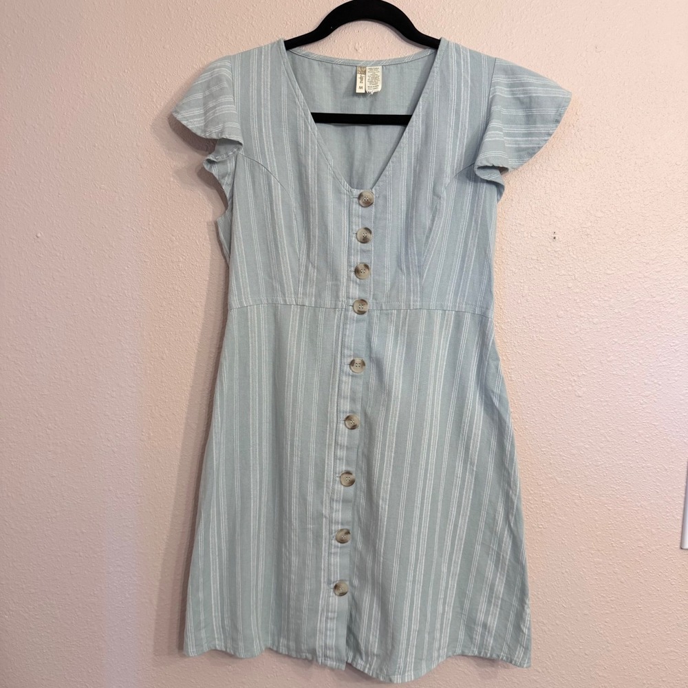 Japna Women Striped Linen Blend Button Front Flutter Sleeve Mini Dress